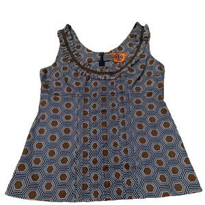 Tory Burch Geometric Print Top Pockets Sleeveless Cotton Brown Navy Size 6